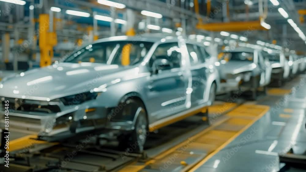 Poster automated assembly line for high-tech electric vehicles in a car factory. concept automation, assemb