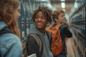 Obraz premium Three young people are standing in a hallway, smiling and laughing