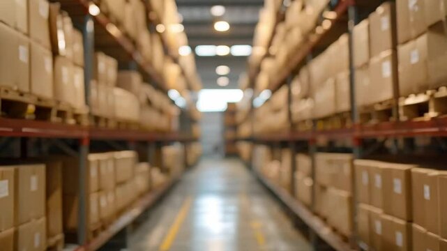 Merchandise packages stored on factory warehouse shelves for logistics industry business. Concept Inventory Management, Warehouse Organization, Merchandise Storage, Logistics Efficiency