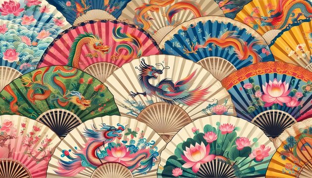 Leques Tradicionais Chineses formando um plano de fundo.