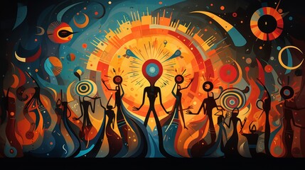 Vibrant African Sunset Dance Illustration. Ethiopian New Year