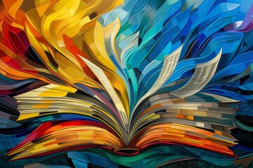 Colorful Abstract Art of Open Book Amidst Paint Strokes. Book Lovers Day