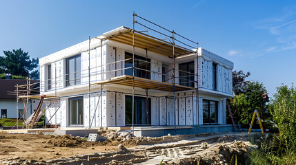 Polystyrene thermal insulation panels used on construction sites, designed to save energy. Thanks to them, buildings become more energy-efficient.