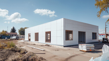 Polystyrene thermal insulation panels used on construction sites, designed to save energy. Thanks to them, buildings become more energy-efficient.