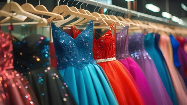 Bright prom dresses on hangers in store colorful fashion selection available. Concept Prom Dress Shopping, Colorful Selection, Clothing Store, Bright Attire, Fashion Trends