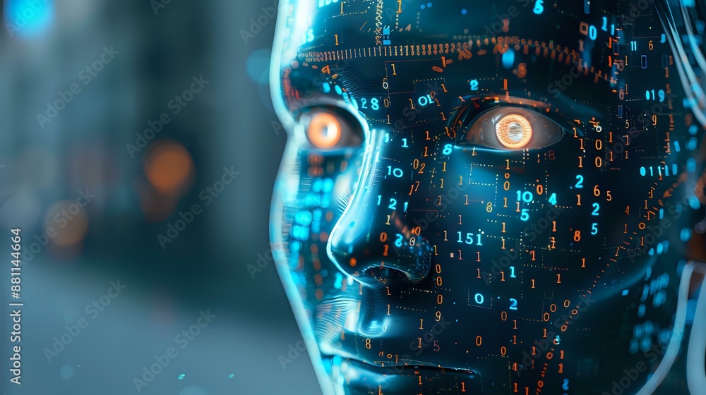 Poster owing eyes and digital data patterns on its face. ideal for themes of artificial intelligence, robot