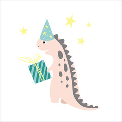 Happy birthday card with cute Dino and present