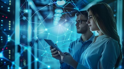 Two professionals analyze data on a digital tablet in a high-tech server room, with a network visualization overlay. Ideal for themes of technology, data analysis, and IT infrastructure