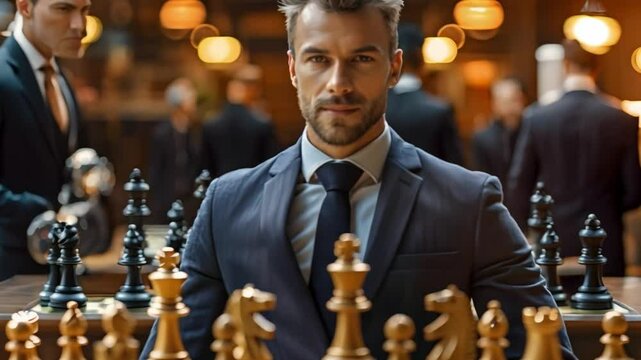 Successful businessman in suit strategically leads team to victory in chess battle. Concept Business Strategy, Leadership, Team Dynamics, Chess Tactics, Success in Business
