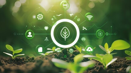 A digital illustration of young plants growing in soil, surrounded by eco-friendly icons, symbolizing sustainability and environmental awareness. Ideal for environmental, educational, and technologic
