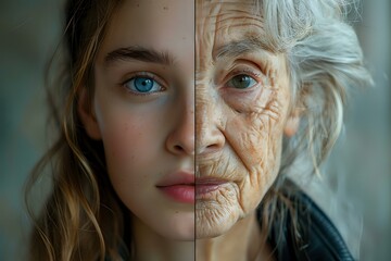 A split-face portrait of a young girl and an elderly woman, vividly illustrating the passage of time and aging process. Ideal for beauty, healthcare, and generational themes