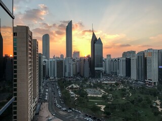 city skyline at sunset