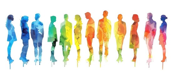 multicolored spectrum silhouettes of people on a white background in watercolor design