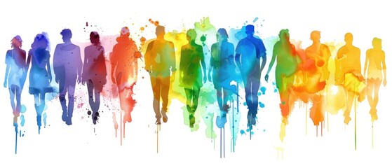 colorful spectrum of people silhouettes on a white background in watercolor style
