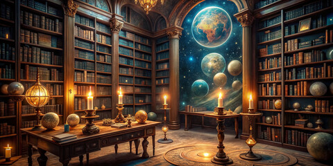 Mystical bookshelves overflow with ancient tomes, glowing scrolls, and celestial globes, amidst twinkling starlight and whispering candles, in a dreamy, ethereal, otherworldly study sanctuary.