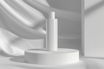 Minimalist product display with elegant white podium and flowing fabric