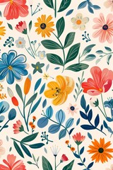 Floral Elegance on Cream Background: Vivid Roses and Blossoms Pattern