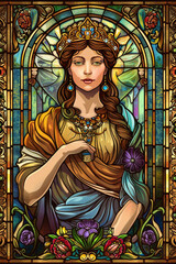 Obraz premium Majestic Stained Glass Queen with Elaborate Crown and Robes