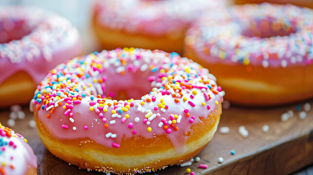 Delightful donuts adorned with colorful glazes and sprinkles, adding a burst of sweetness to any display. Embracing the joy and indulgence these treats bring.