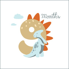 Nine months Baby milestone card for newborn with a cute dino