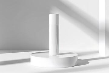 Minimalist product display with a single white cosmetic bottle on a podium