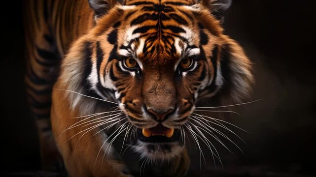Closeup portrait of fierce Bengal tiger capturing its powerful and majestic presence. Concept Animal Photography, Close-up Shot, Wild Nature, Majestic Beast, Powerful Presence
