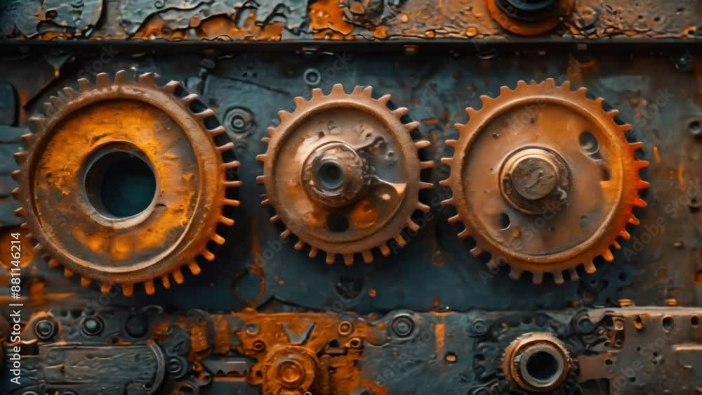 Poster symmetrical engineering design highlighted by rusty gears on metal surface of classic auto part. con