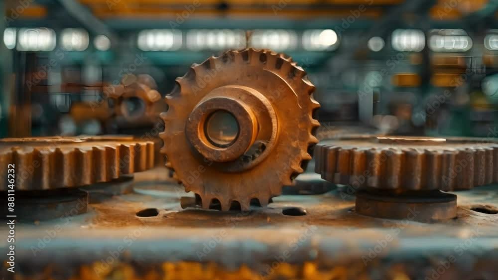 Poster symmetrical engineering design of classic auto part showcased by rusty gears on metal surface. conce
