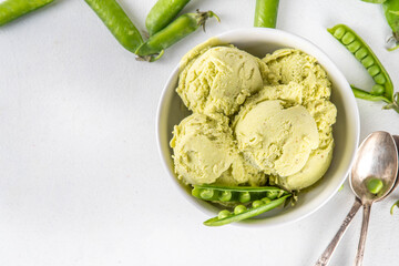 Healthy vegan Green Pea ice cream, Alternative vegetarian raw frozen gelato dessert made from banana and sweet spring green pea