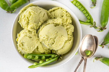 Healthy vegan Green Pea ice cream, Alternative vegetarian raw frozen gelato dessert made from banana and sweet spring green pea