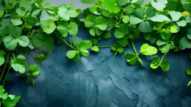 St Patrick's Day Scene with Shamrocks and Clovers Overhead. Concept St Patrick's Day, Shamrocks, Clovers, Green Props, Festive Atmosphere