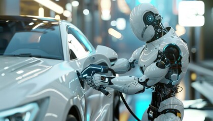 Fototapeta premium Futuristic Robot Fueling an Electric Vehicle at a Charging Station
