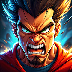 Digital illustration of a man with spiky hair and a beard, wearing a red jacket, with his mouth open as if he's shouting or yelling.