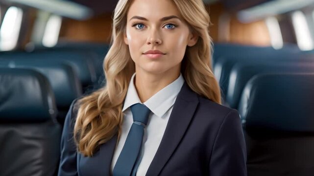 A young stewardess in uniform inside an airplane cabin: A portrait. Concept Travel Photography, Airline Industry, Cabin Crew, Portrait Photography, Aviation Fashion