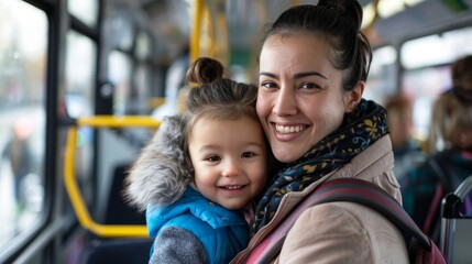 Smiling Mother and Child Enjoying Bus Ride Together