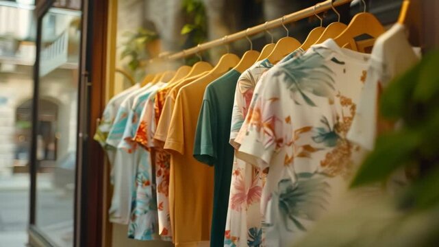 Tropical floral t-shirts displayed in a shop window with city street reflection. Concept Fashion Display, Tropical Theme, Floral Print, Shop Window, City Reflection