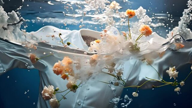 Shirt in water with bubbles and splashes during washing. Concept Clothing Photography, Water Splash, Laundry Day, Bubble Bath, Creative Concept