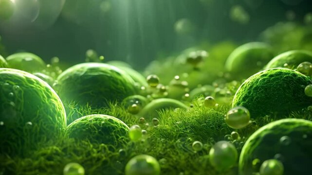 3D rendering of green algae cells. Concept Bioinformatics, Microbiology, Scientific Visualization, Algal Research
