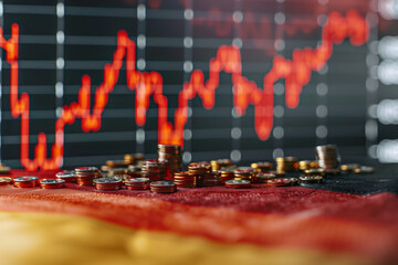 German Economic Crisis Reflected in Coin Stacks Against the Blurred Background of a Red Stock Market Graph