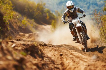 Motocross rider speeding on dirt road with dust cloud