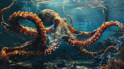 Fototapeta premium Octopus underwater with detailed tentacles and marine vegetation.