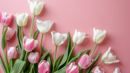 Obraz premium Beautiful bouquet of tulips in soft pink and white colors, arranged on a pale pink background. Perfect for celebrating International Women's Day or Mother's Day. Top view with room for text.