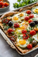 Mediterranean Sheet Pan Eggs. Baked eggs with cherry tomatoes, basil, and black olives