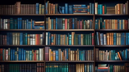 Book Lovers Day. Rows of antique and modern books on wooden shelves in a library.