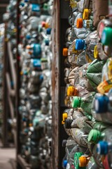 Obraz premium Plastic bottles on a conveyor belt in a recycling plant. Environmental sustainability