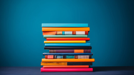 Colorful Stack of Books on Blue Background