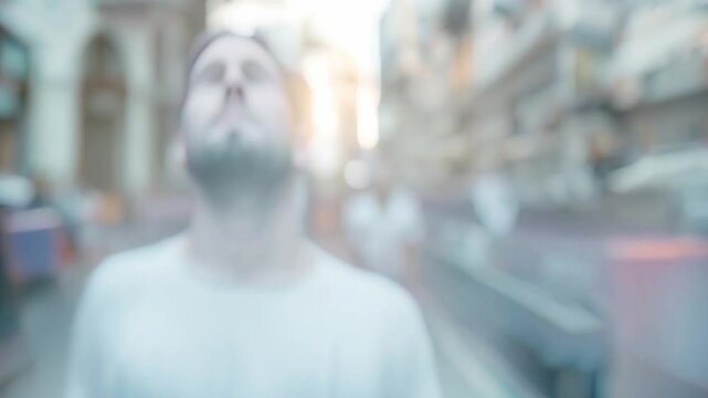 Man finds peace amidst chaos on a busy city street with closed eyes. Concept Inner calm amidst chaos, Finding peace, Mindful moments, City meditation, Tranquility in the hustle