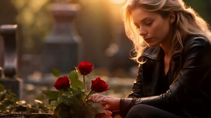 A grieving woman at a cemetery mourning the loss of her spouse. Concept Loss and Grief, Cemetery Visit, Mourning Widow, Emotional Portraits, Rainy Day Sentiment