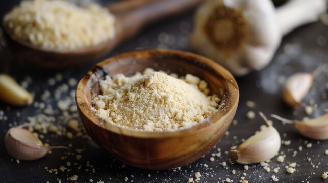 Chopped garlic in a wooden bowl on a wooden cutting board with garlic cloves in the background.