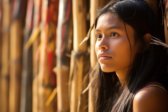 Portrait of a young woman with bamboo background. Indigenous Peoples Day